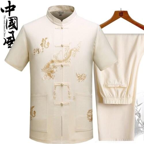 Tang summer short sleeve Chinese style mens large size Han clothing shirt pants two-piece set