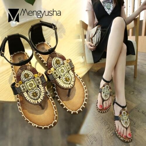 Ethnic beading sandals women T-strap flower print heart pendant gladiator sandalias mujer button slippers women beach sandalc792