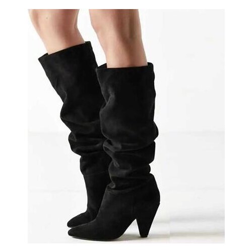 2019 Spring New Brand Woman Sexy Black Suede Fold Pointed Toe Slip On Spike Heels Knee High Niki Long Boots Big Size 43 Lad