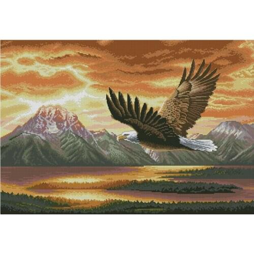 Gold collection beautiful counted cross stitch kit silent flight sunset sunrise sunlit eagle bird mountain dim 35165