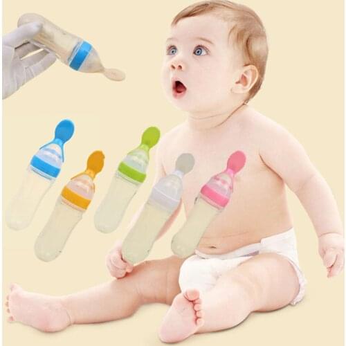 90ML Multifunctional Squeeze Bottle With Baby Feeding Spoon Squeezed Rice Paste Feede Silica Gel Food Supplement Bottle Feeding