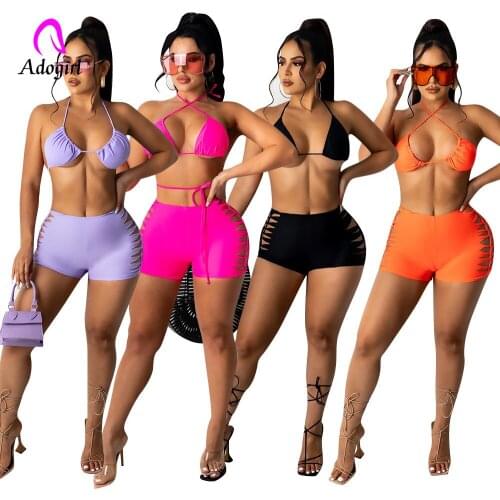 Bikini Suit 2021 Summer Hollow Out 2 Piece Set Halter Backless Bra + Skinny Biker Shorts Solid Sporty Swimsuit Beach Bathing Set