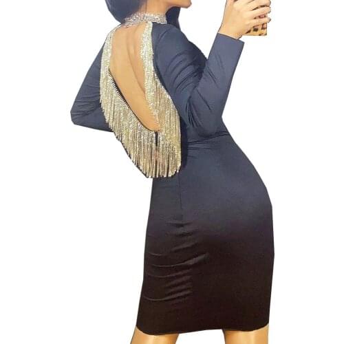 Shining Rhinestones Decoration Sequins Long Sleeve Dress Knee-Length Backless Theatrical Costume For Women Party Evening Costume