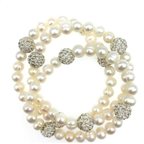 FoLisaUnique 3 In 1 Freshwater Pearls Bracelet With Bling Shiny Balls Stretchy For Women Girls Gift 7.5 Inch