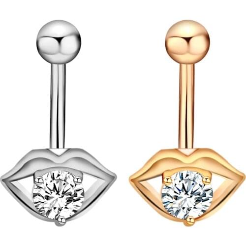 Stainless Steel Lips Belly Button Rings Round Cubic Zirconia Navel Barbell Stud Body Piercing Jewelry