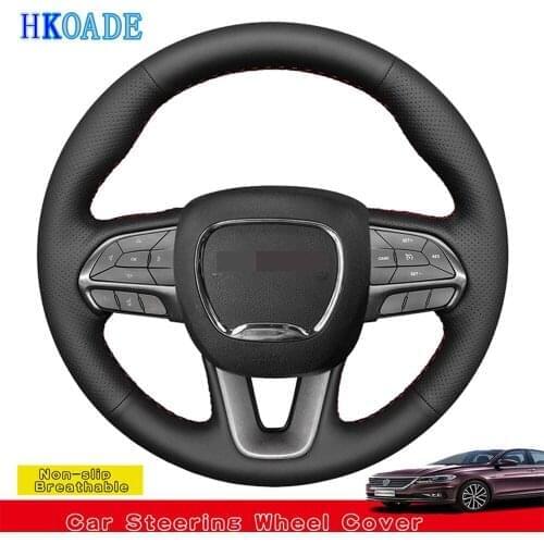 DIY Black Genuine Leather Car Steering Wheel Cover For Dodge Challenger Dodge Charger 2015-2021 Dodge Durango 2018-2021