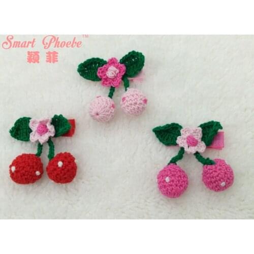 Boutique 30pcs/3C Fashion Cute Crochet Cherry Girls Hairpins Solid Kawaii Floral Pom Pom Hair Clips Headwear Accessories