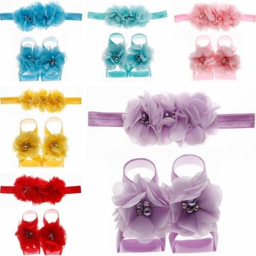 Fashion 24 Colors Chiffon Satin Flower Barefoot Sandals with Headband Sets Infant Baby Summer Shoes Newborn Photography Props