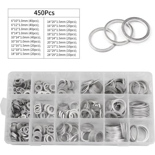450PC Gaskets Washers Gasket Aluminum Flat Metal Washer Gasket Assorted Aluminum Sealing Rings Set