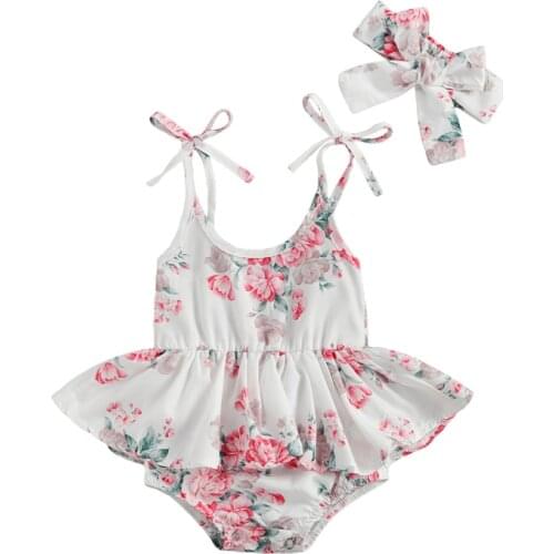 Toddler Baby Girls Summer Outfits Floral Print Tied Strappy Sling Dress Bodysuit+ Bow Hairband Suit Sunsuit 0-24 Months