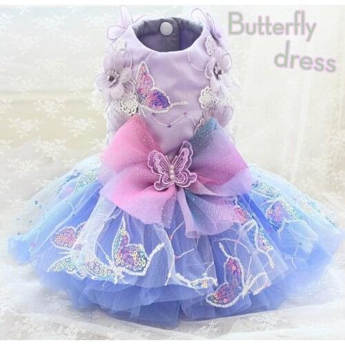 Handmade Dog Clothes Gradients Color Rainbow Butterfly Bow Princess Dress Tulle Ball Gown Tutu Bubble Skirt Pet Party Costume