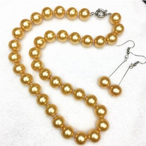 Free shipping 12mm gold-colored shell simulated-pearl round beads necklace earring jewelry set high grade party necklace 18"GE12