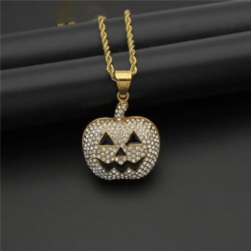 Hip Hop Iced Out Pumpkin Pendant Necklace Gold Color Stainless Steel Necklace Hiphop Womens Mens Halloween Jewelry 2020