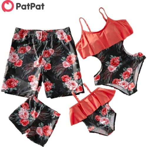 PatPat New Arrival Summer Flounce Floral Print Matching Family Swimsuits Family Look Floral full print Color block One-piece Set
