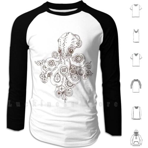 Hand-Drawn Steampunk Octopus With Gears Hoodies Long Sleeve Octopus Steampunk Mechanical Hand Drawn Gear