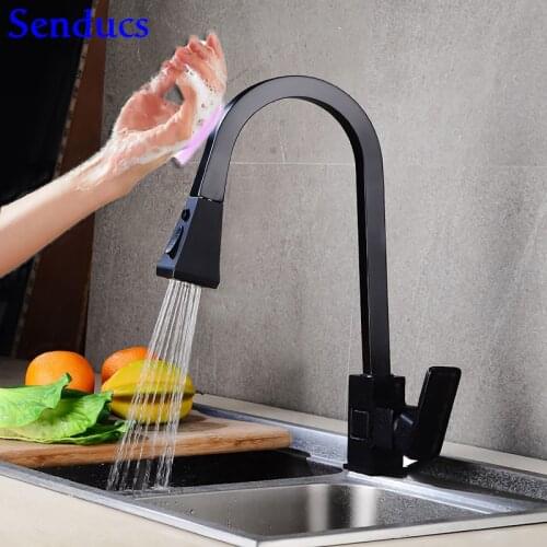 Touch Faucet Senducs Black Pull Down Kitchen Sink Faucet Brass Sensor Kitchen Mixer Tap Health Home Automatic Touching Faucet