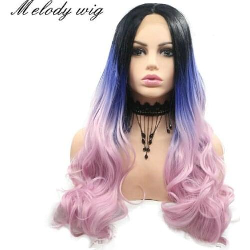 Melody Synthetic Lace Front Wigs Heat Resistant Dark Roots Ombre Blue Purple Pink Long Natural Wave for Women Natural Looking