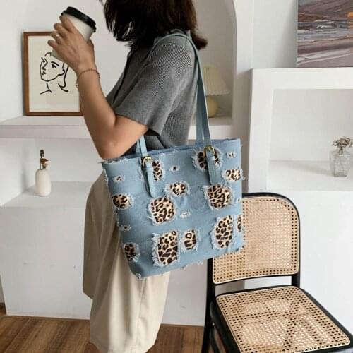 FANTASY 2020 Newest Leopard Denim Stitching Canvas Bags For Women 2 Colors Fashion Tote Handbag High Capacity Shoulder Bags Lady