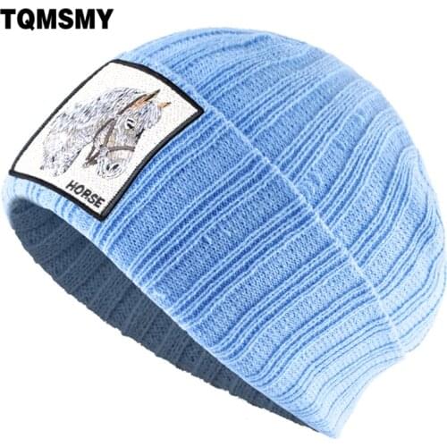 TQMSMY Warm Knitted Hats For Men Winter Knitting Solid Color Skullies Beanies With Embroidery Horse Patch Streetwear Hip Hop Hat