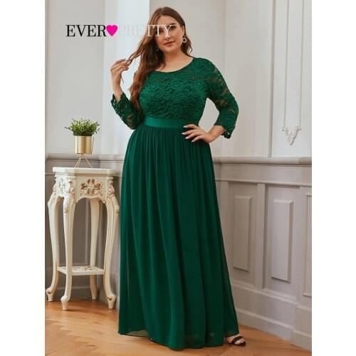 Plus Size Evening Dresses Long Ever Pretty EP07412 Elegant Long Sleeve A-line Lace Chiffon Green Winter Wedding Guest Dresse