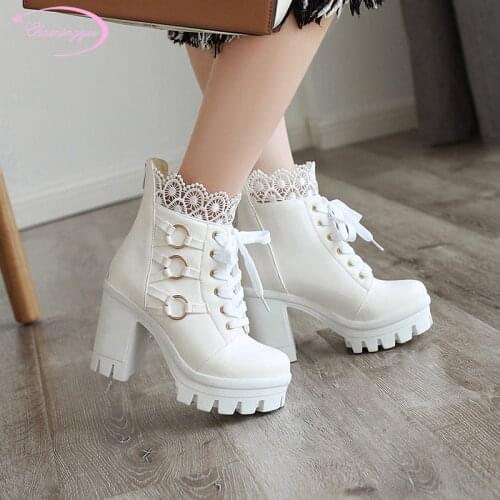 Party style round toe ankle boots fashion buckled lace-up platform white black chunky high-heeled riding boots womens shoes