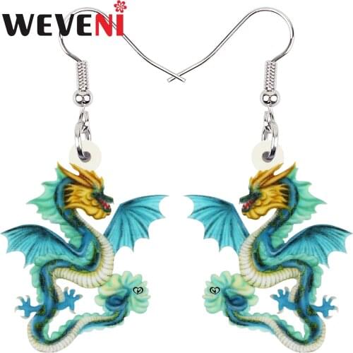 WEVENI Acrylic Cute Blue Dragon Chinese Long Wings Earrings Fashion Big Long Drop Dangle Charms Jewelry For Women Girls Teens