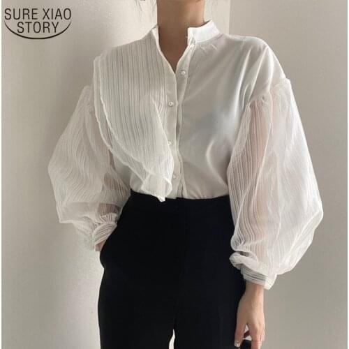 Korean See Through Blouse Women Fashion Sexy Loose White Womens Shirt Puff Long Sleeve Mesh Blouse Elegant Clothes 11256