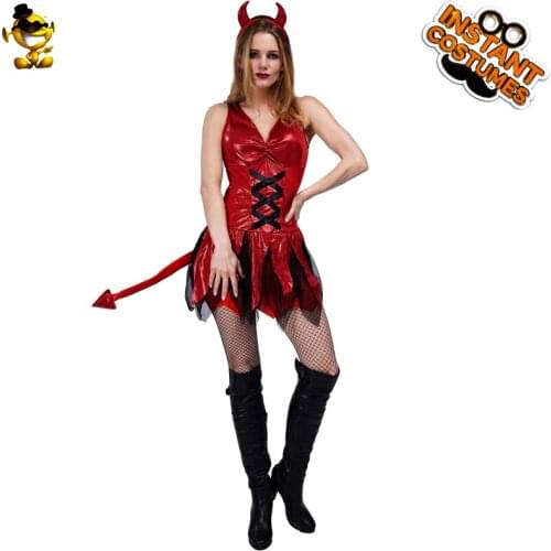 Womens Sexy Red Devil Costume with Tail Halloween Role Play Party Fancy Dress Up Cosplay Devil Outfits for Adult Female