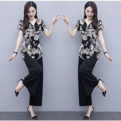 Wide Leg Pants Suits Female 2021 Summer New Two Piece Sets Womens Outfits Fashion Casual Chiffon Clothing Femme Mujer Y105