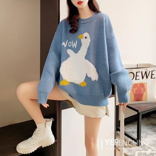 Korean Round Neck Fashion Cartoon Duck Letter Sweater Cute Loose Warm Female Harajuku Long Pullover 2021 Spring And Autumn New