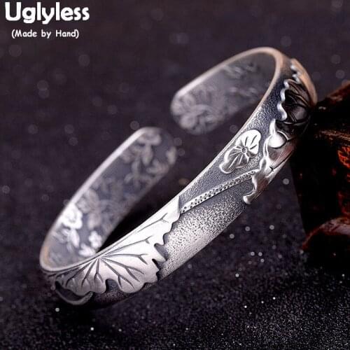 Uglyless Vintage Thai Silver 999 Full Silver Open Bangles Women Double-sided Embossed Flower Bangles Floral Ethnic Jewelry BA727