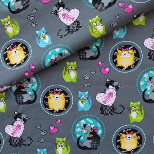 140cmx100cm Cotton Woven Fabric - cat and heart on deep grey