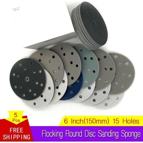 6 Inch 150mm 15-Hole 5Pcs Flocking Sponge Sanding Disc Sandpaper Wet & Dry Hook Loop 300-3000 Grit for Polishing & Grinding