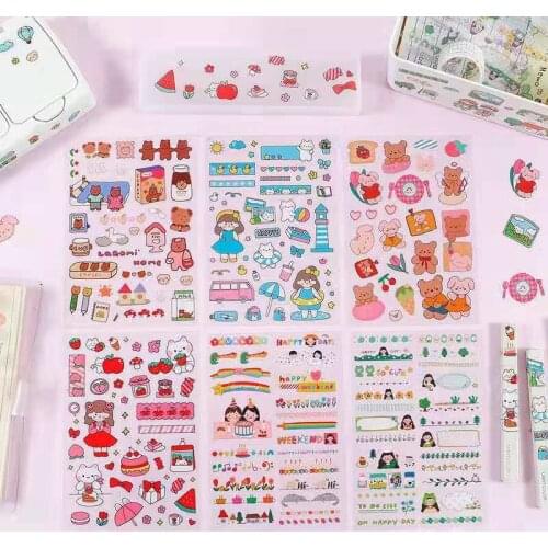 6sheets/Pack Cute Girls Life And Beas Scrapbooking PVC Adhesive Stickers Set Stationery DIY Craft Diary Decoration