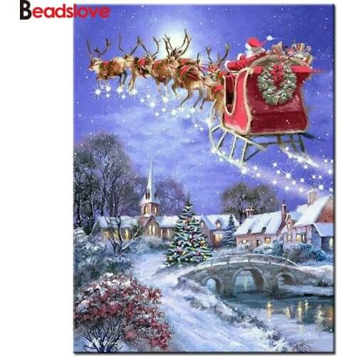 Diy diamond mosaic Santa sleigh deer full square/round drill 5d painting embroidery christmas road Landscape art