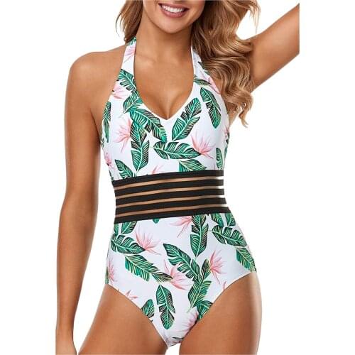 Bikini 2021 Women Flowers Print Hanging Neck Bikini Swimming Suit For Women One Piece Swimwear Push-Up Swimsuit Bathing Suit