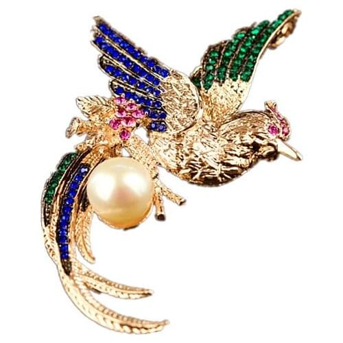Natural freshwater pearl brooch Pins CZ Rhinestone Phoenix Macaw Parrot Bird Fine Elegant jewelry Birthstone Gift