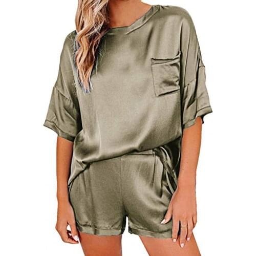 Women Satin Solid Color Short Sleeve Top Shorts Nightwear Pajama Set for Bathroom