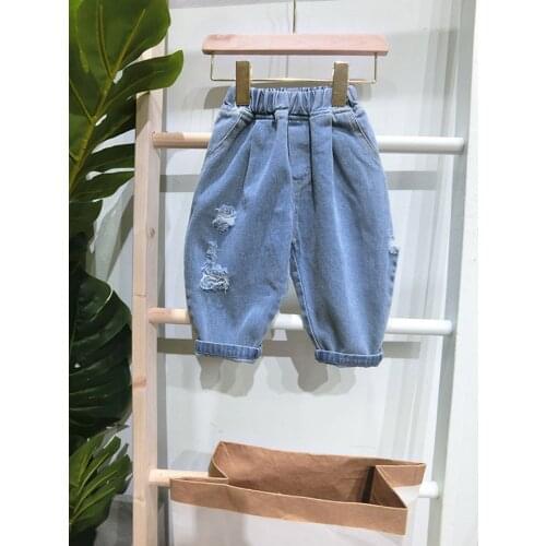 New Autumn 2019 Girls Jeans Korean Ripped Pants for Boys Casual Elastic Waist Denim Pants Kids Trousers New Arrival Baby Jeans