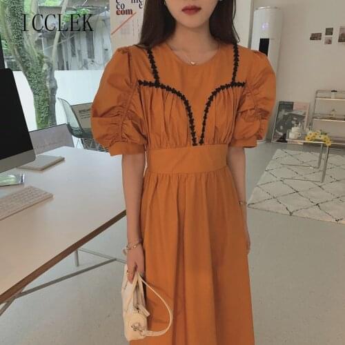 Elegant Vintage Contrast Waist Slim Pleated Puff Sleeve O-Neck Dress 2021 Summer Korean One-Piece Womens Office Ladies Dresses