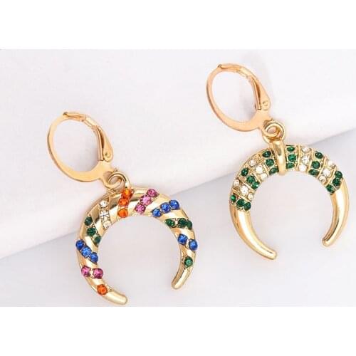 Ethnic Bohemian Moon Rhinestone Crystal Drop Earrings for Women Tribal Style Ox Horn Crescent Earrings Huggies Jewelry