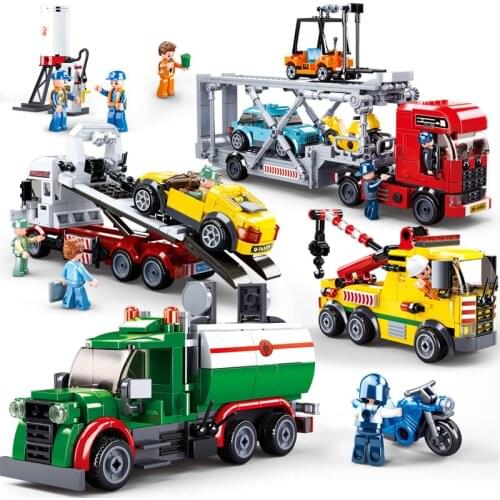 City Urban Engineering Construction Tanker Oil Car Crane Trailer Transporter Vehicle Building Blocks Educational Toys for Kids
