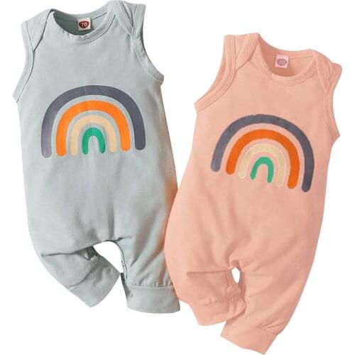New Infant Sleeveless Jumpsuit with Rainbow Pattern Print, Loose Fit Ribbed Closure Summer Clothing