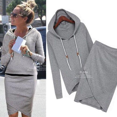 Leisure Suit Autumn and Winter Long Sleeve Pure Color Sanitary Clothing Irregular Half-length Skirt Two-piece Suit for Women