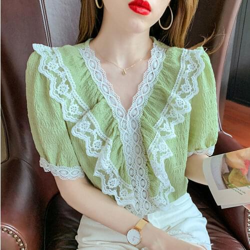 2021 New Korean Summer New Puff Sleeve Ruffled Blouse Lace V-neck Short Sleeve Chiffon Shirt Woman Blusas