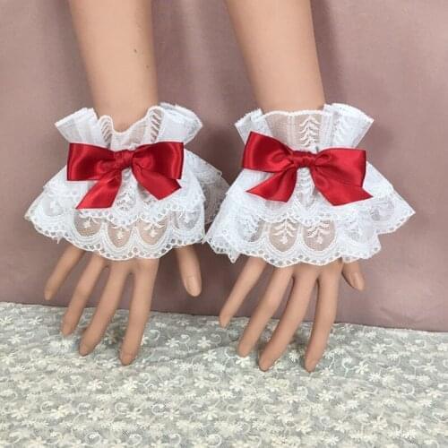 Lace Wrist Cuffs Bracelets Lolita Hand Sleeve Wrist Cuffs Bowknot Maid Fingerless Gloves For Womens Cosplay Party Christmas