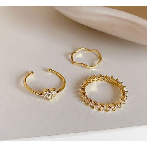 New Trend Crystals Beads Small Round Gold 3 Pieces Set Rings For Women Korean Ladies Hand Jewelry Accessories