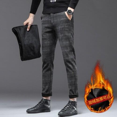 Autumn and winter plus velvet casual pants mens Korean Slim feet pants cotton and linen pants youth thickening and warmth