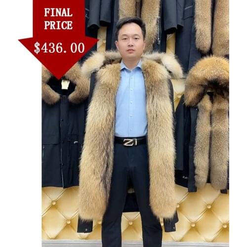 Fur Coat Natural Fur Jacket Men Winter Hooded Real Muskrat Fur Parka High Quality Long Warm Outwear Raccoon Fur Collar
