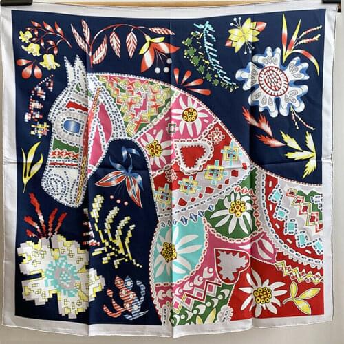 2021 New Luxury 100% Twill Silk Scarf Women Fashion Boho Tribal Style Flower & Horse Print Shawl Hijab Wraps 35"*35"